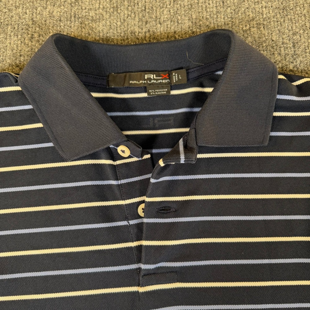 RLX Ralph Lauren Mens Large Navy Blue Striped Talamore Golf Polo Shirt #3940